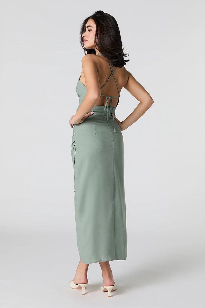 Linen-Blend Strappy Back Midi Slit Dress
