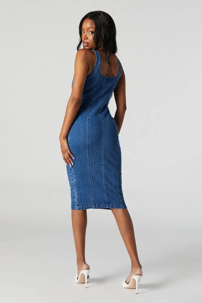 Medium Wash Denim Midi Dress