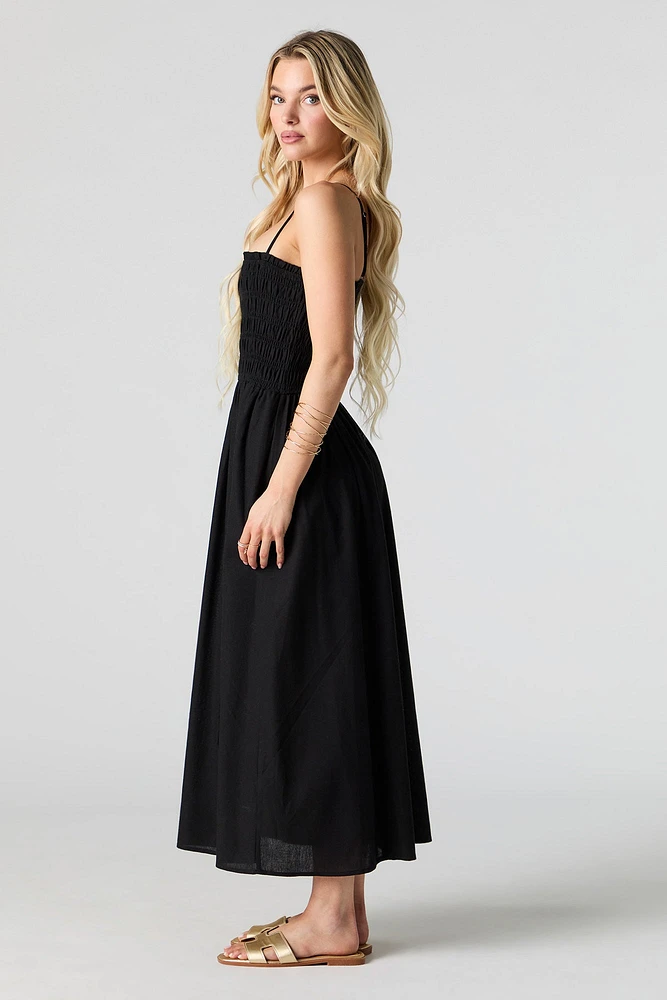 Linen-Blend Smocked Maxi Dress with Pockets
