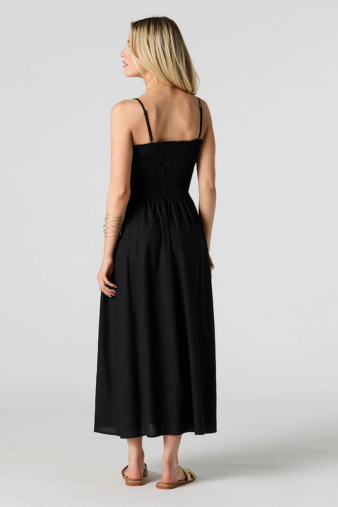 Linen-Blend Smocked Maxi Dress with Pockets