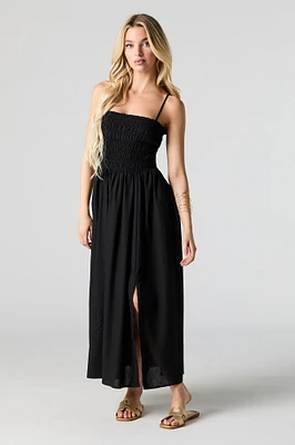 Linen-Blend Smocked Maxi Dress with Pockets