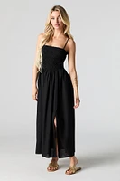 Linen-Blend Smocked Maxi Dress with Pockets