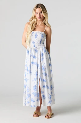 Robe maxi smockée en mélange de lin avec poches