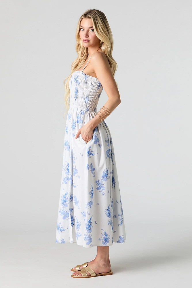 Robe maxi smockée en mélange de lin avec poches