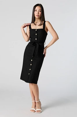 Linen Button Front Belted Midi Dress