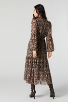 Floral Mesh Long Sleeve Tiered Maxi Dress