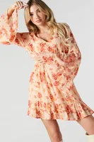 Peach Floral Chiffon Long Sleeve Mini Dress