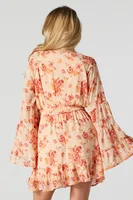 Peach Floral Chiffon Long Sleeve Mini Dress