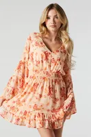 Peach Floral Chiffon Long Sleeve Mini Dress