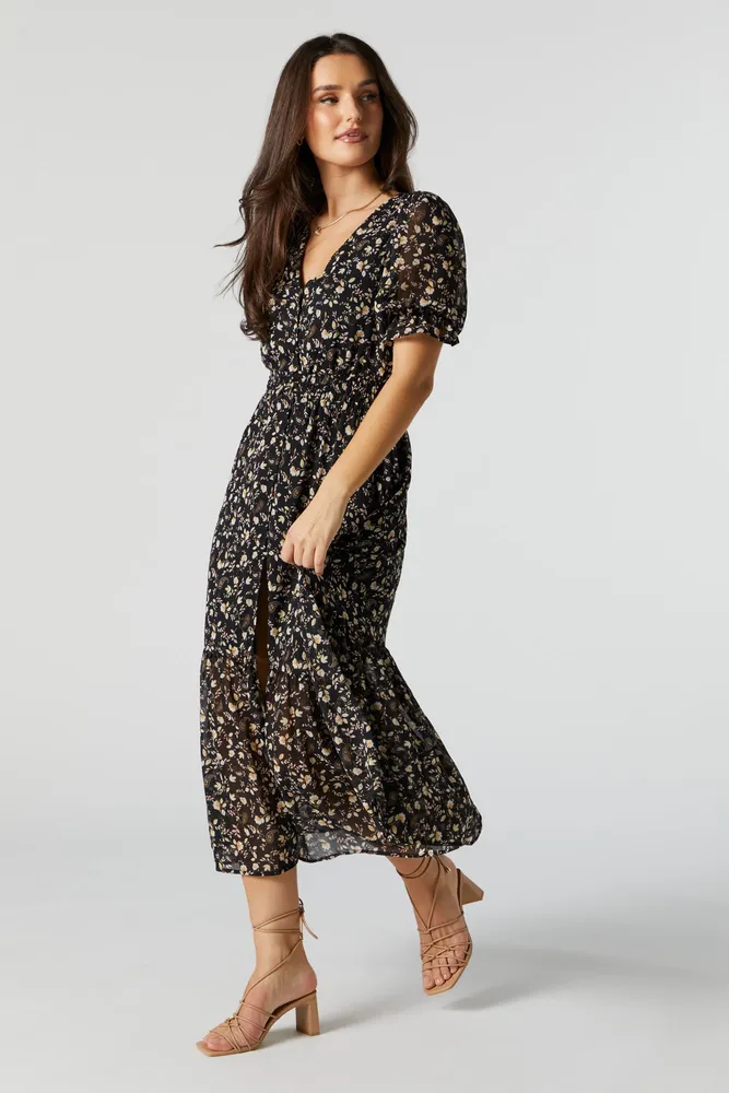 Floral Chiffon V-Neck Buttoned Midi Dress