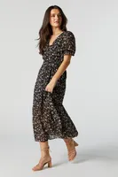 Floral Chiffon V-Neck Buttoned Midi Dress