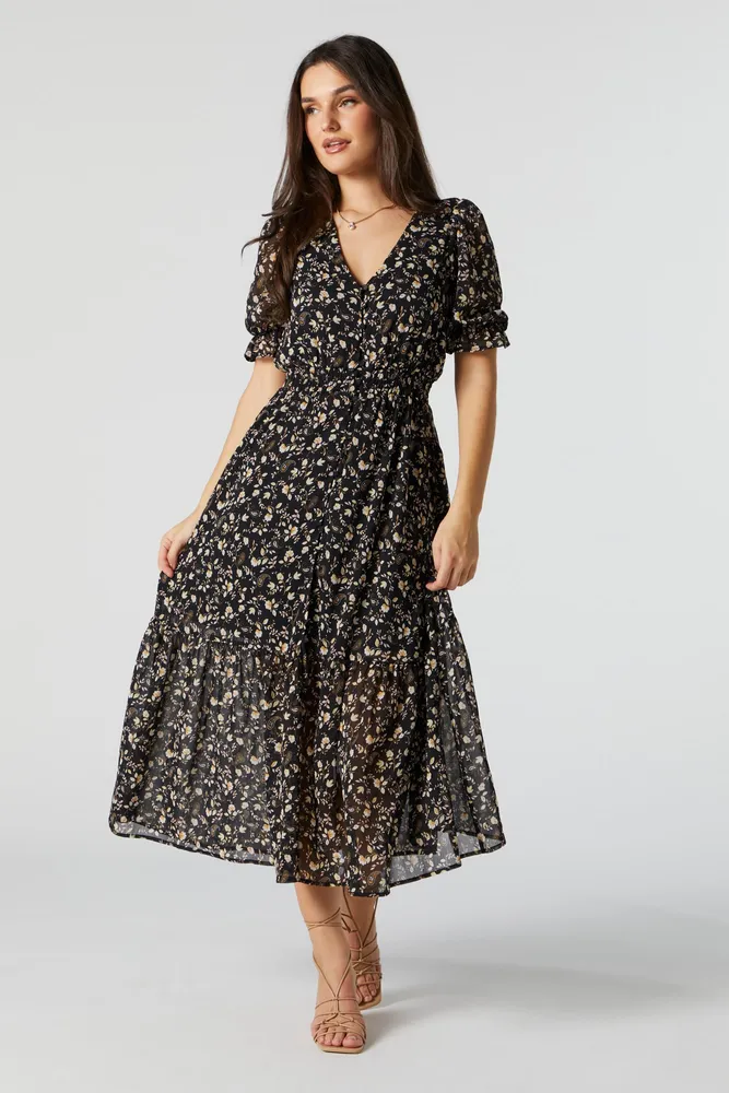 Floral Chiffon V-Neck Buttoned Midi Dress