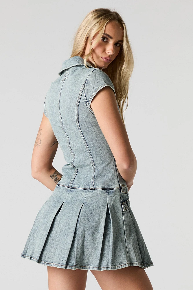 Denim Zip-Up Belted Pleated Mini Dress