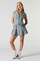 Denim Zip-Up Belted Pleated Mini Dress