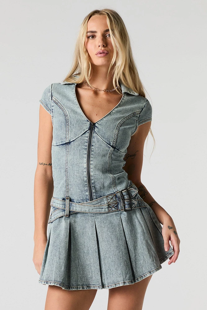 Denim Zip-Up Belted Pleated Mini Dress