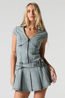 Denim Zip-Up Belted Pleated Mini Dress