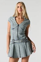 Denim Zip-Up Belted Pleated Mini Dress