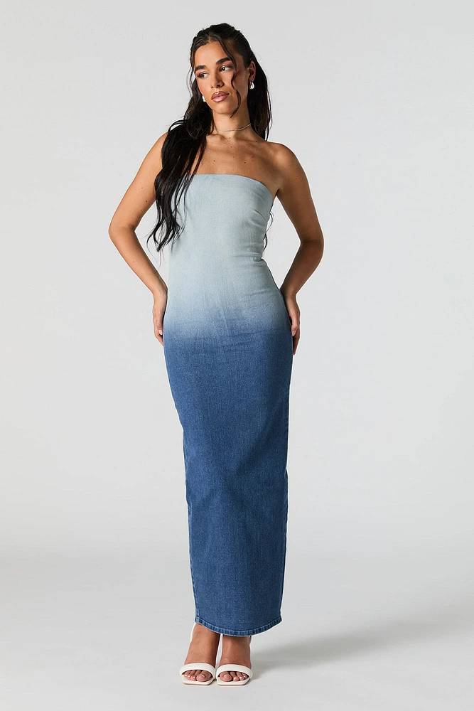 Robe maxi sans bretelles en denim ombré