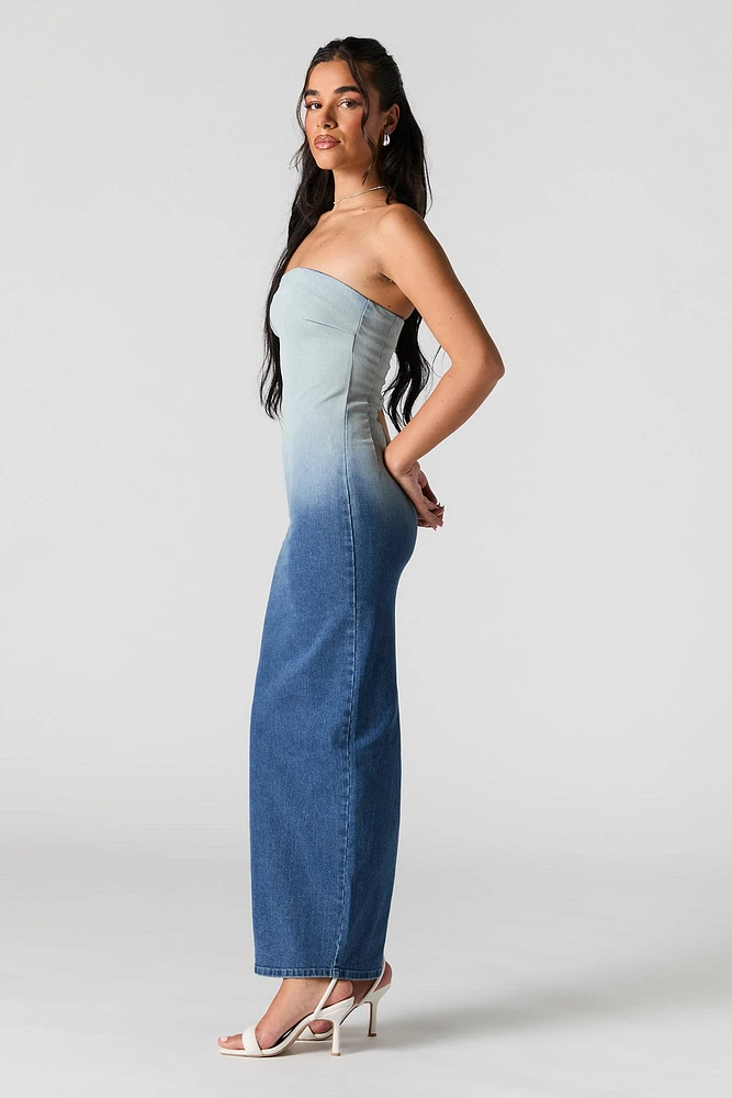 Robe maxi sans bretelles en denim ombr