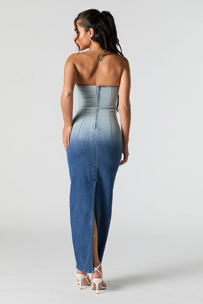 Robe maxi sans bretelles en denim ombr