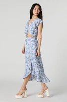 Floral Asymmetrical Ruffled Midi Skirt