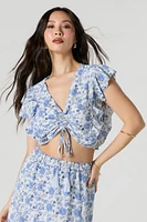 Floral Drawstring Ruffled Crop Top