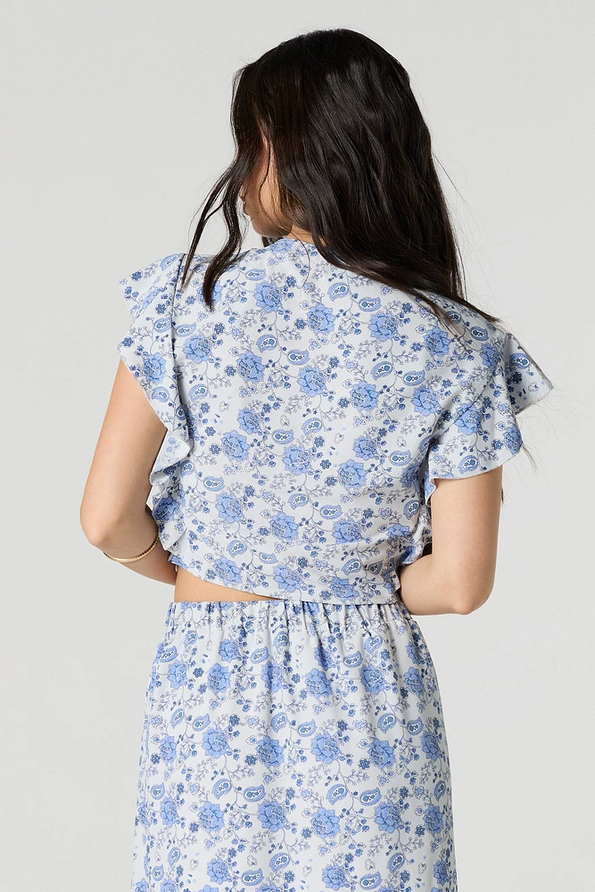 Floral Drawstring Ruffled Crop Top