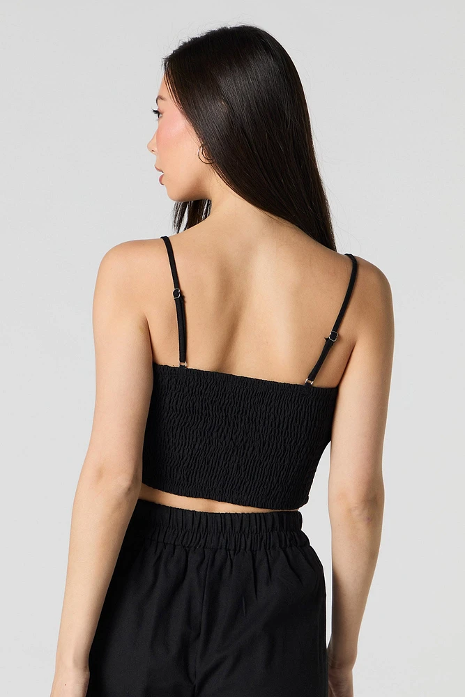 Linen-Blend Keyhole Drawstring Front Cami