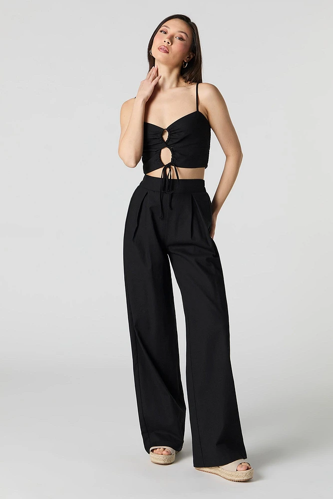 Linen-Blend Keyhole Drawstring Front Cami