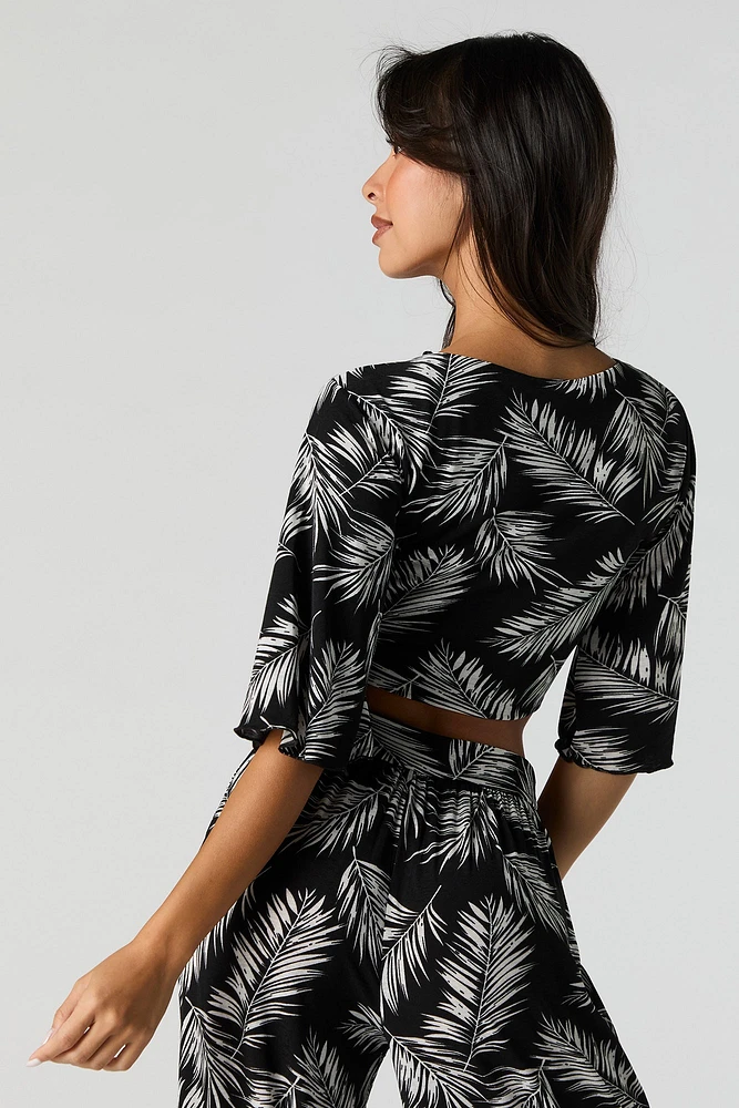 Leaf Print Tie Front Crop Top