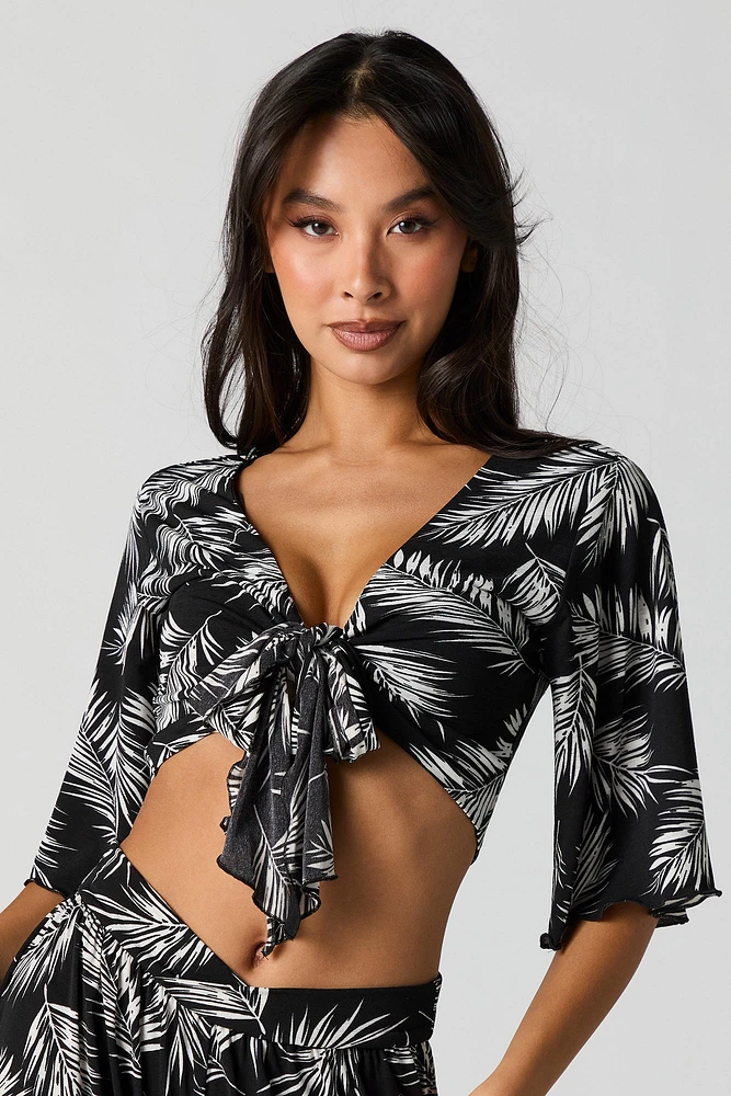 Leaf Print Tie Front Crop Top