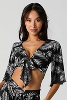 Leaf Print Tie Front Crop Top