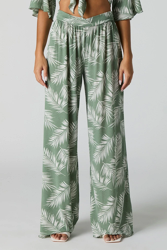 Pantalon à jambe large avec motif de feuilles