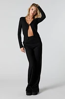 Ribbed Knit Clasp Front Long Sleeve Top