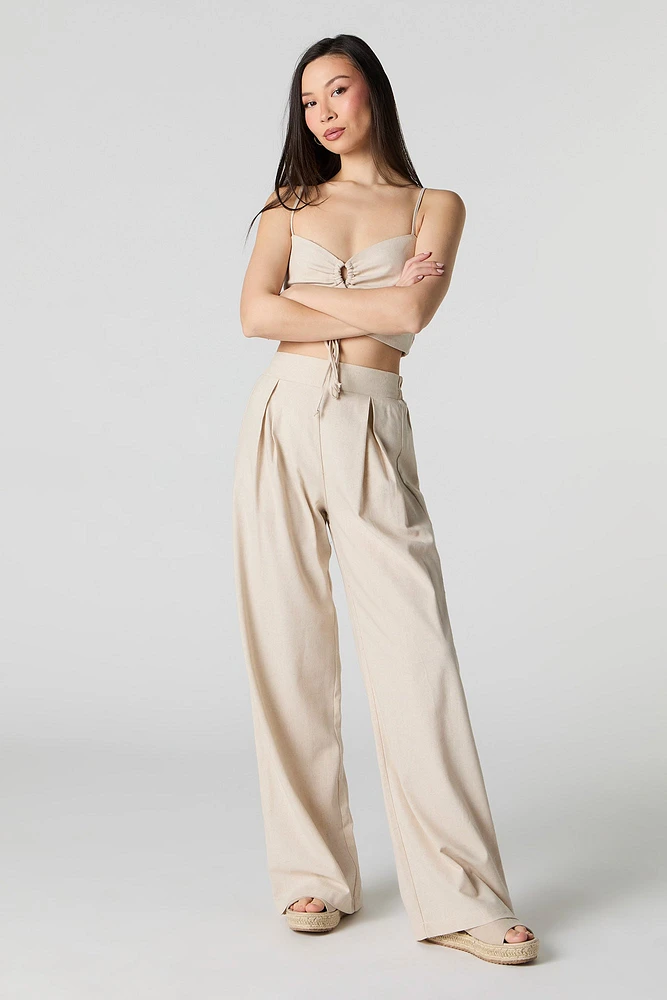 Pantalon à jambe large en mélange de lin plissé