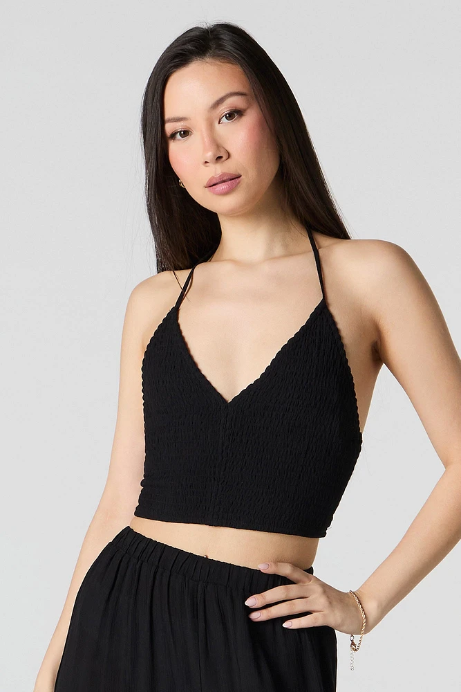 Smocked V-Neck Halter Top