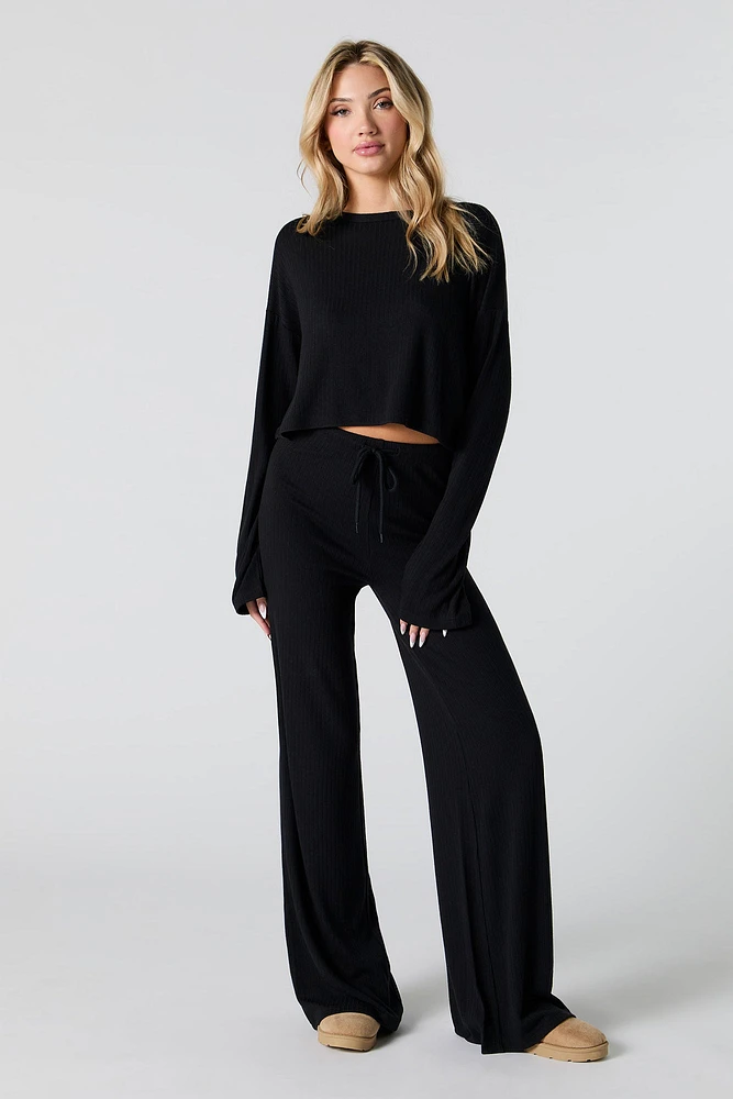 Ribbed Knit Wide Leg Drawstring Pant