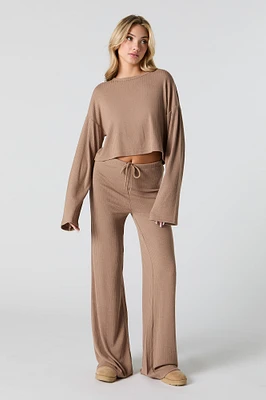 Pantalon Ã  jambe large en tricot cÃ´telÃ© avec taille coulissante