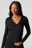 Textured Button-Up Long Sleeve Top