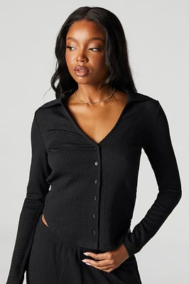 Textured Button-Up Long Sleeve Top