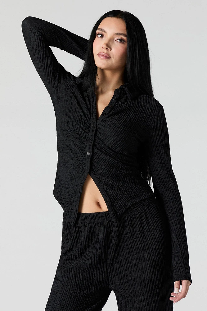 Textured Button Front Long Sleeve Top