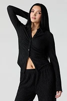 Textured Button Front Long Sleeve Top