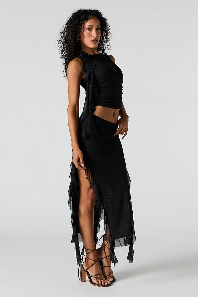 Ruffle Mesh Slit Midi Skirt