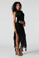 Ruffle Mesh Slit Midi Skirt