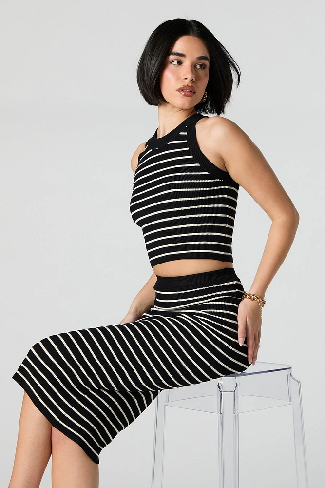 Striped Ribbed Knit Bodycon Midi Skirt