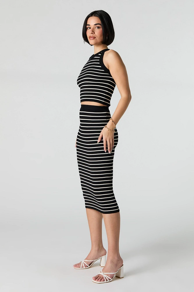 Striped Ribbed Knit Bodycon Midi Skirt