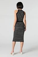 Striped Ribbed Knit Bodycon Midi Skirt