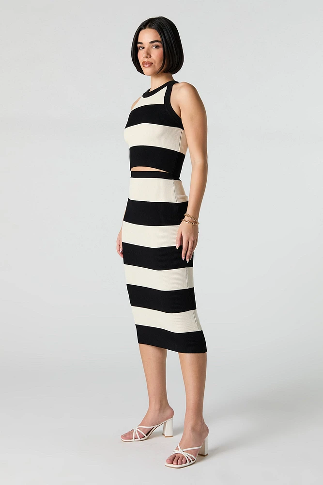 Wide Striped Ribbed Knit Bodycon Midi Skirt