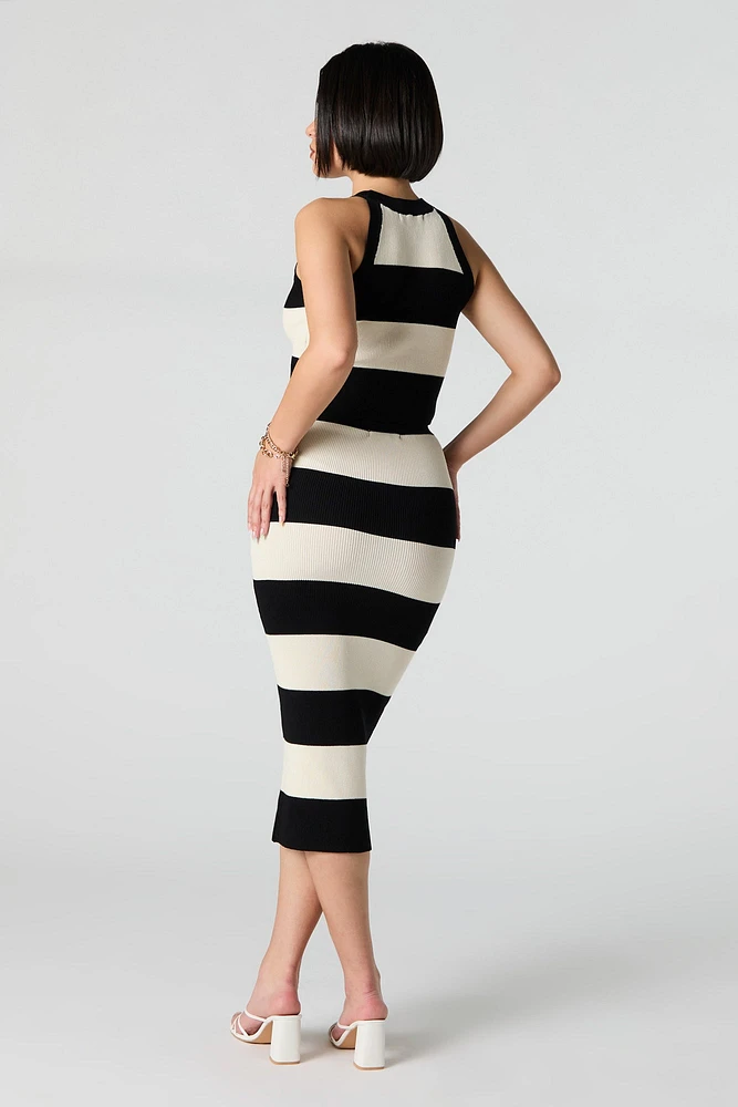 Wide Striped Ribbed Knit Bodycon Midi Skirt