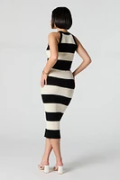 Wide Striped Ribbed Knit Bodycon Midi Skirt